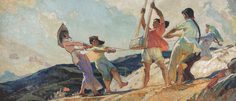 Women Pulling Rope on Hill
