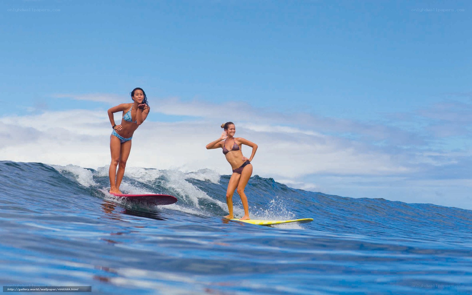 Women surfing on ocean waves