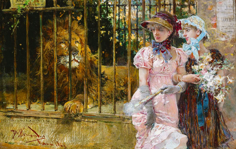 Women Viewing Lion in Cage