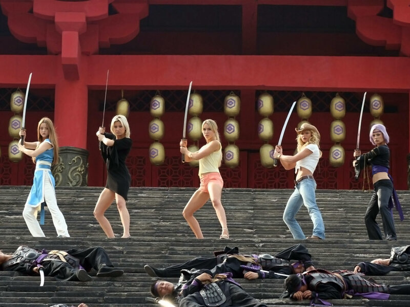 Women warriors with swords on steps