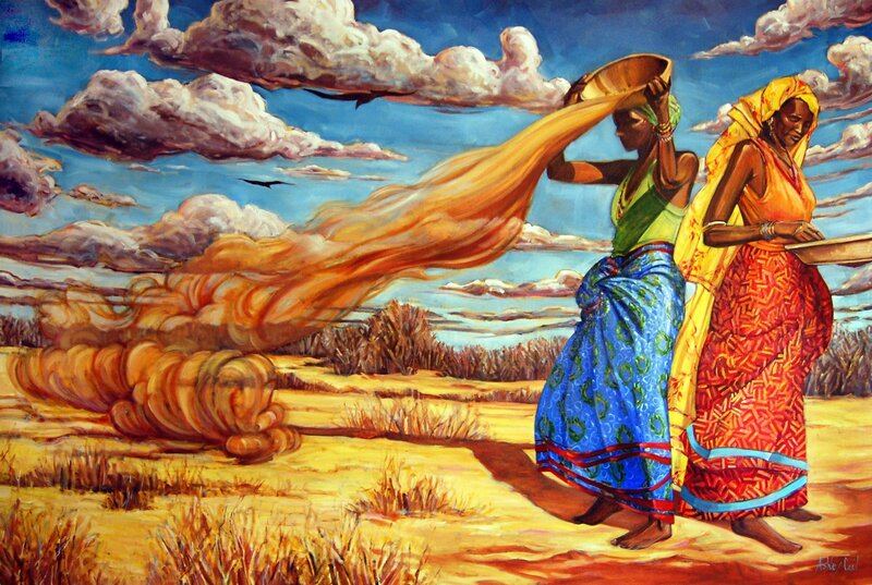 Women winnowing grain in a field