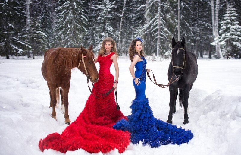 Women with Horses in Snow