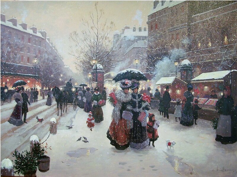Women with Umbrellas in Snow — White