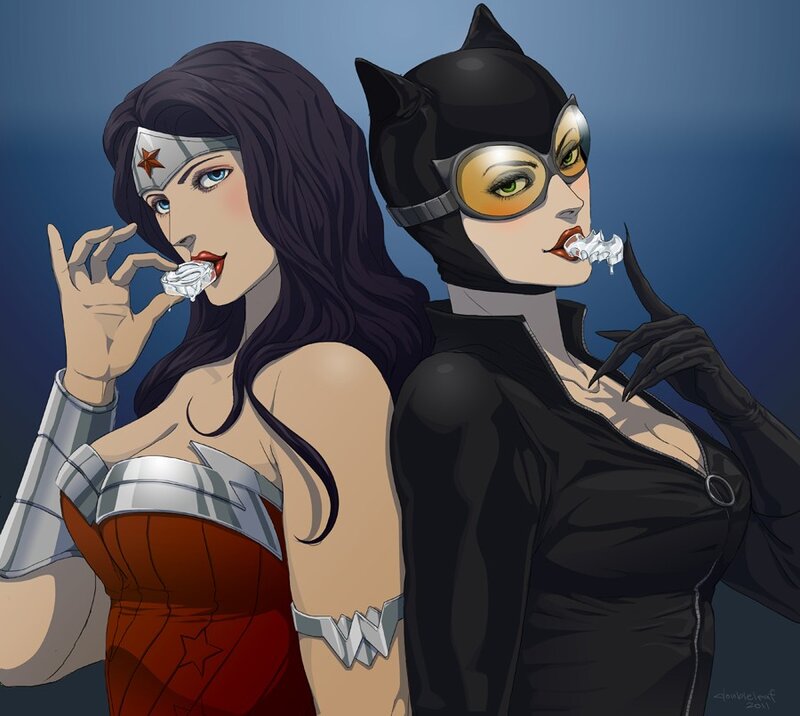 Wonder Woman and Catwoman eating ice