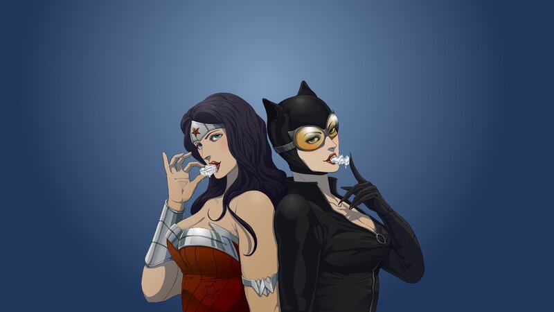 Wonder Woman and Catwoman eating