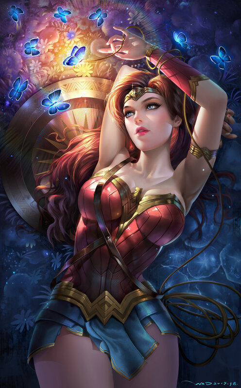 Wonder Woman Character — Blue, Dramatic, Night, Digital Art, Butterflies