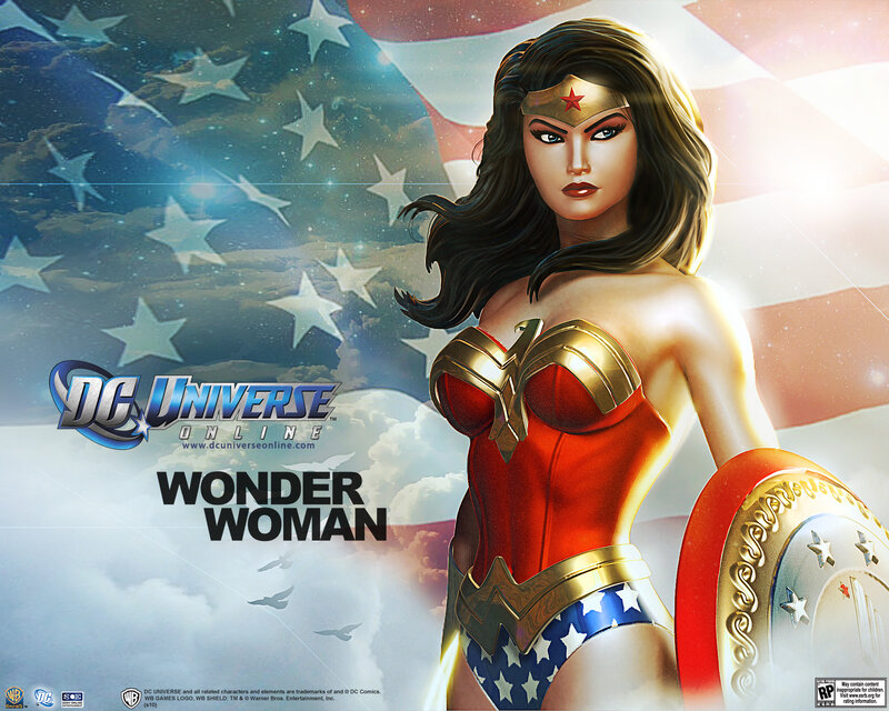 Wonder Woman Character — Red, Dramatic, Digital Art, American Flag, Shield, Clouds