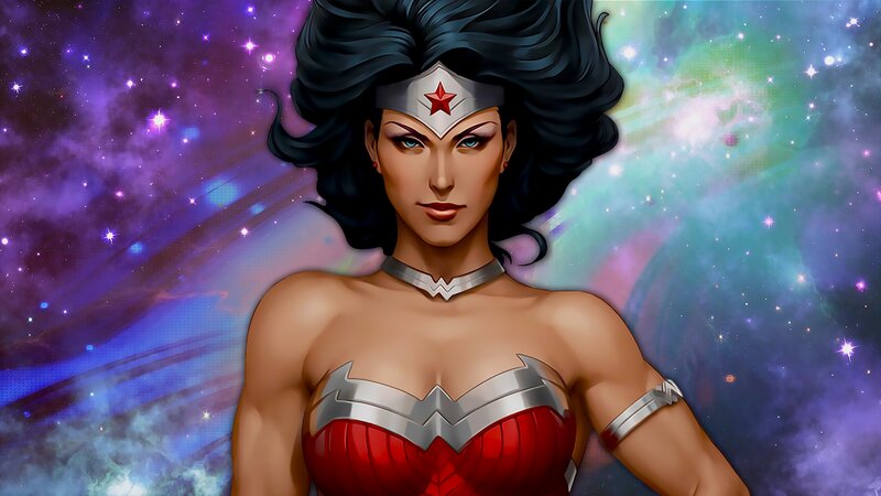 Wonder Woman Character — Red, Dramatic, Digital Art, Cosmic Background