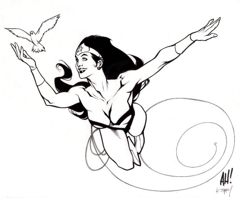 Wonder Woman flying with a dove