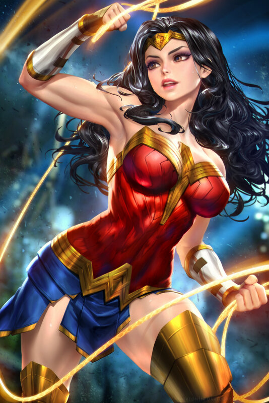 Wonder Woman in Action — Red, Dramatic, Digital Art, Golden Lasso