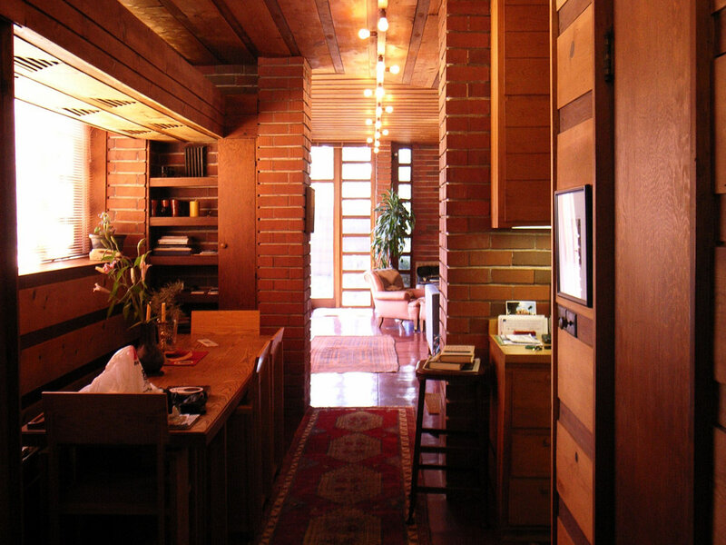 wood and brick interior hallway