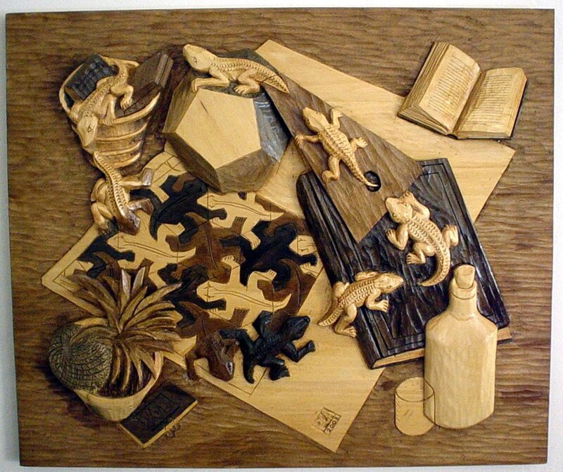 wood carving of lizards and objects