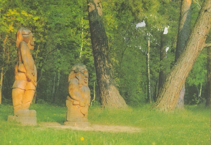 Wood carvings in a forest