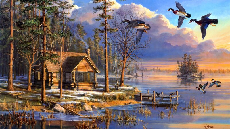 Wood Duck Flock over Lake