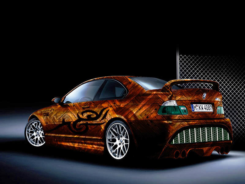 wood-grain BMW with tribal design