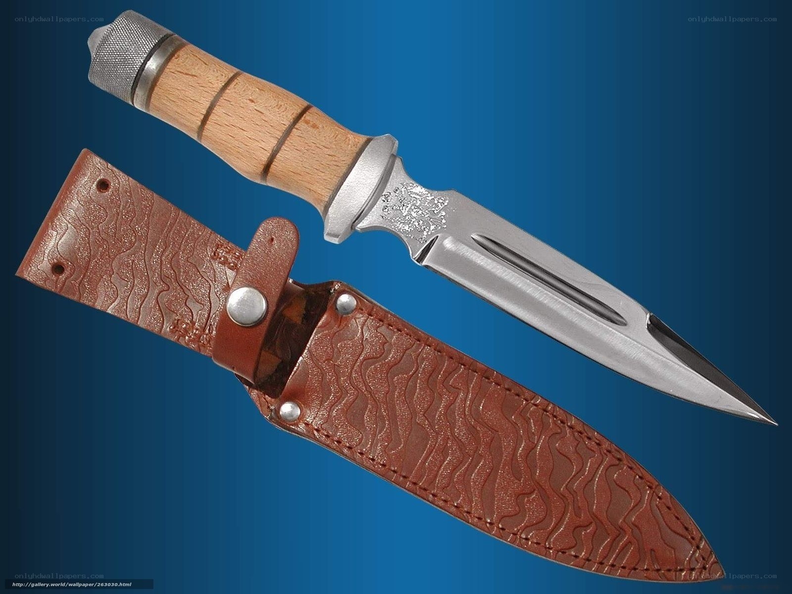 wood-handled knife with leather sheath