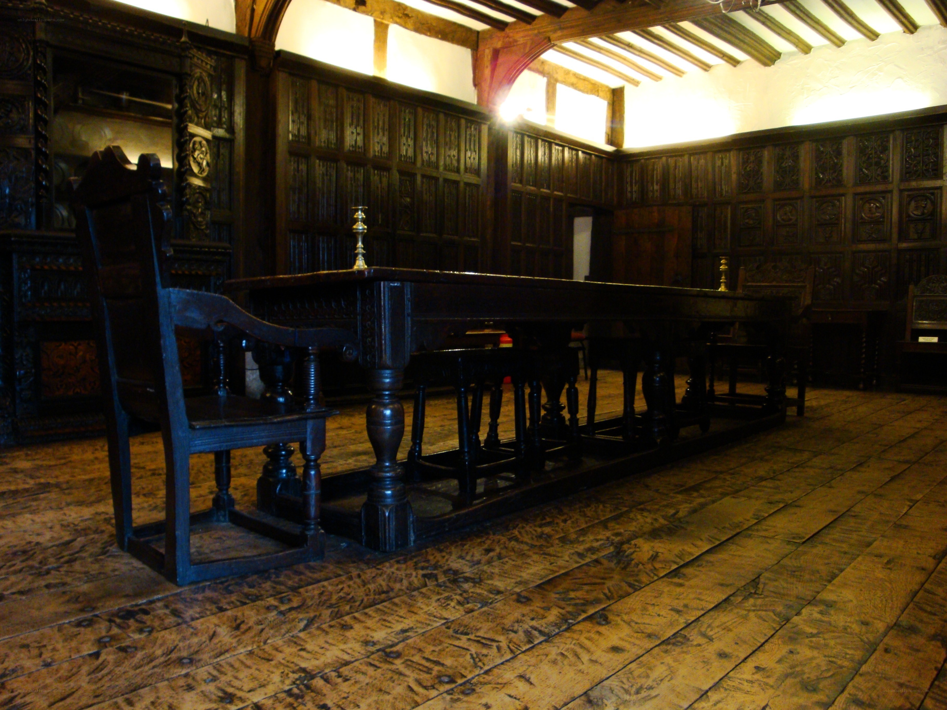 wood-paneled dining hall