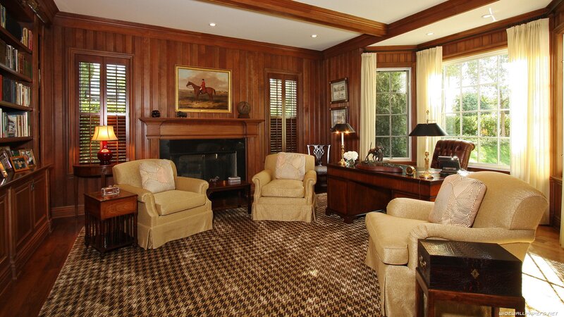 wood-paneled study room