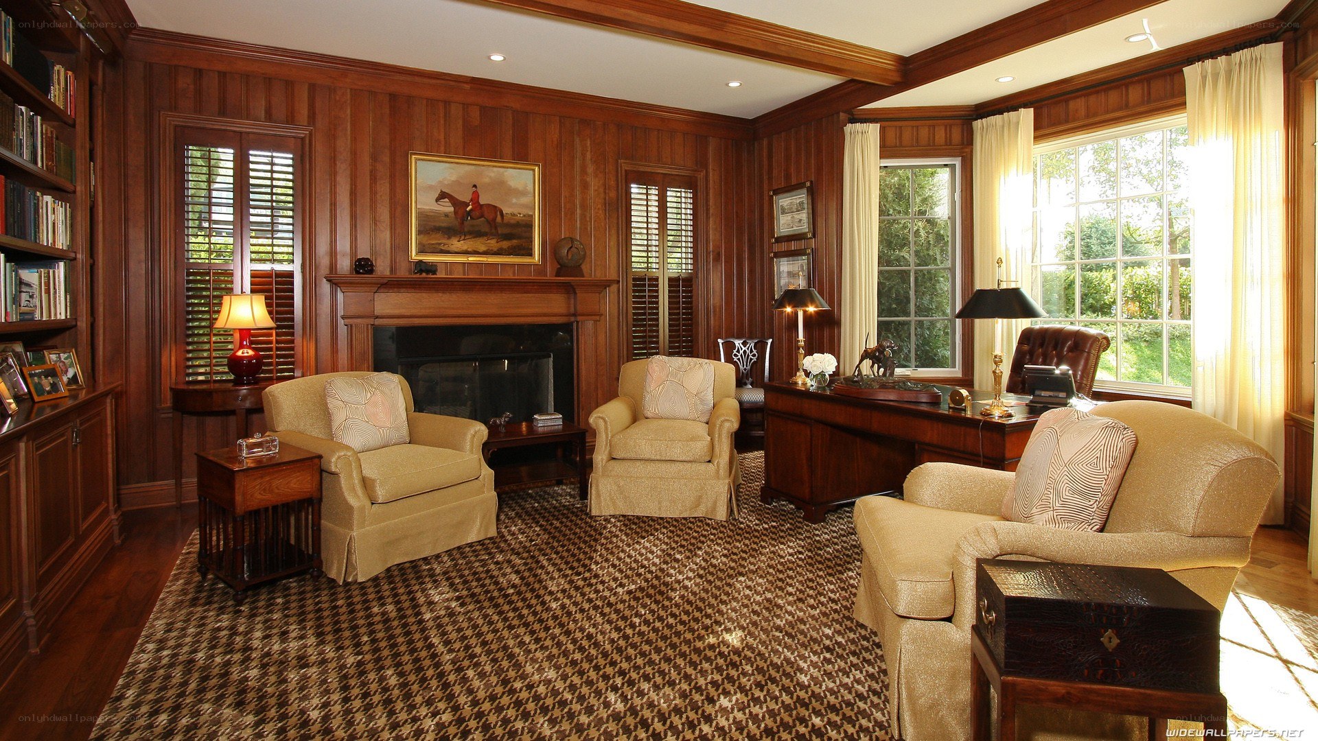 wood-paneled study room