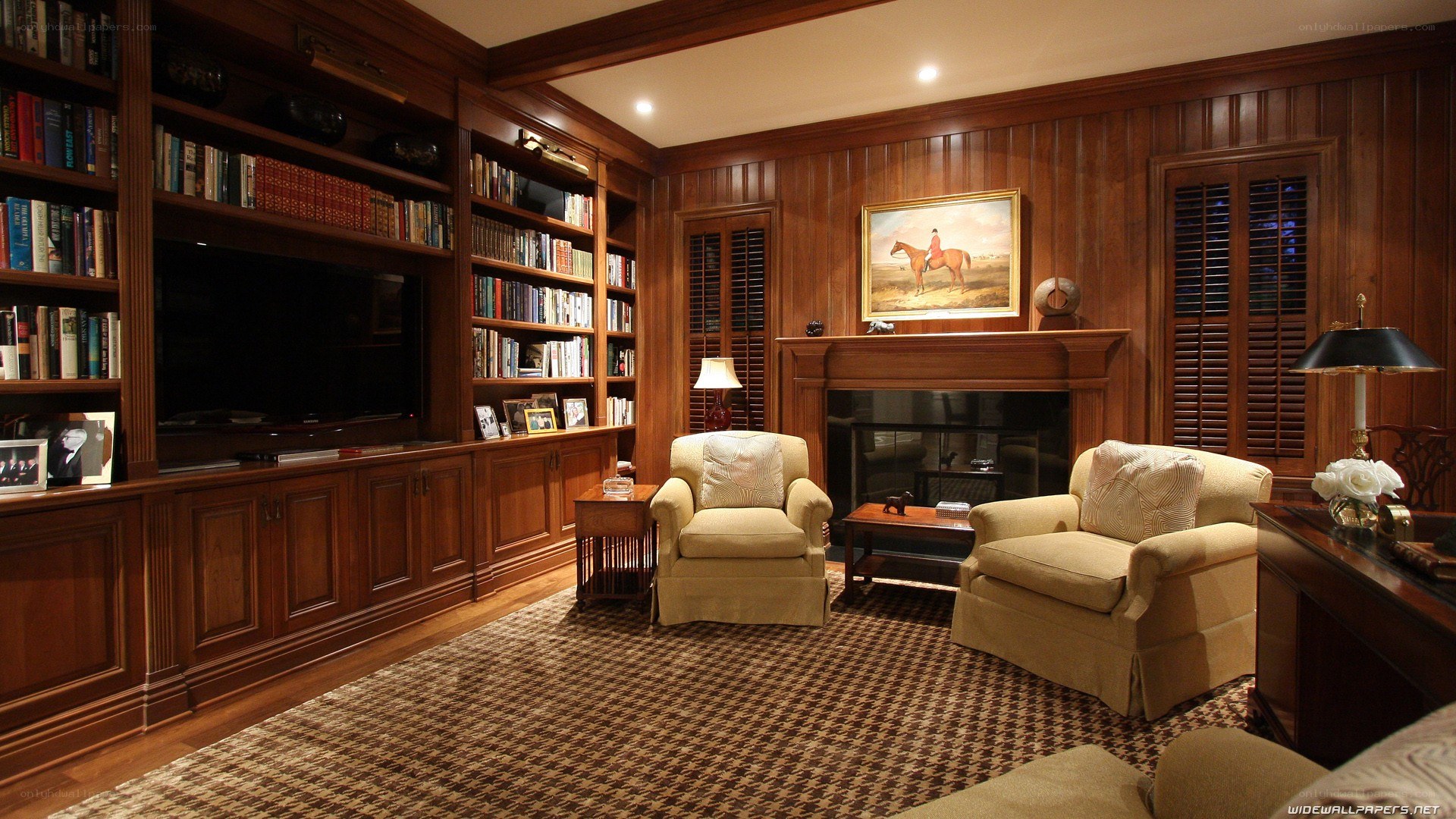 wood-paneled study room