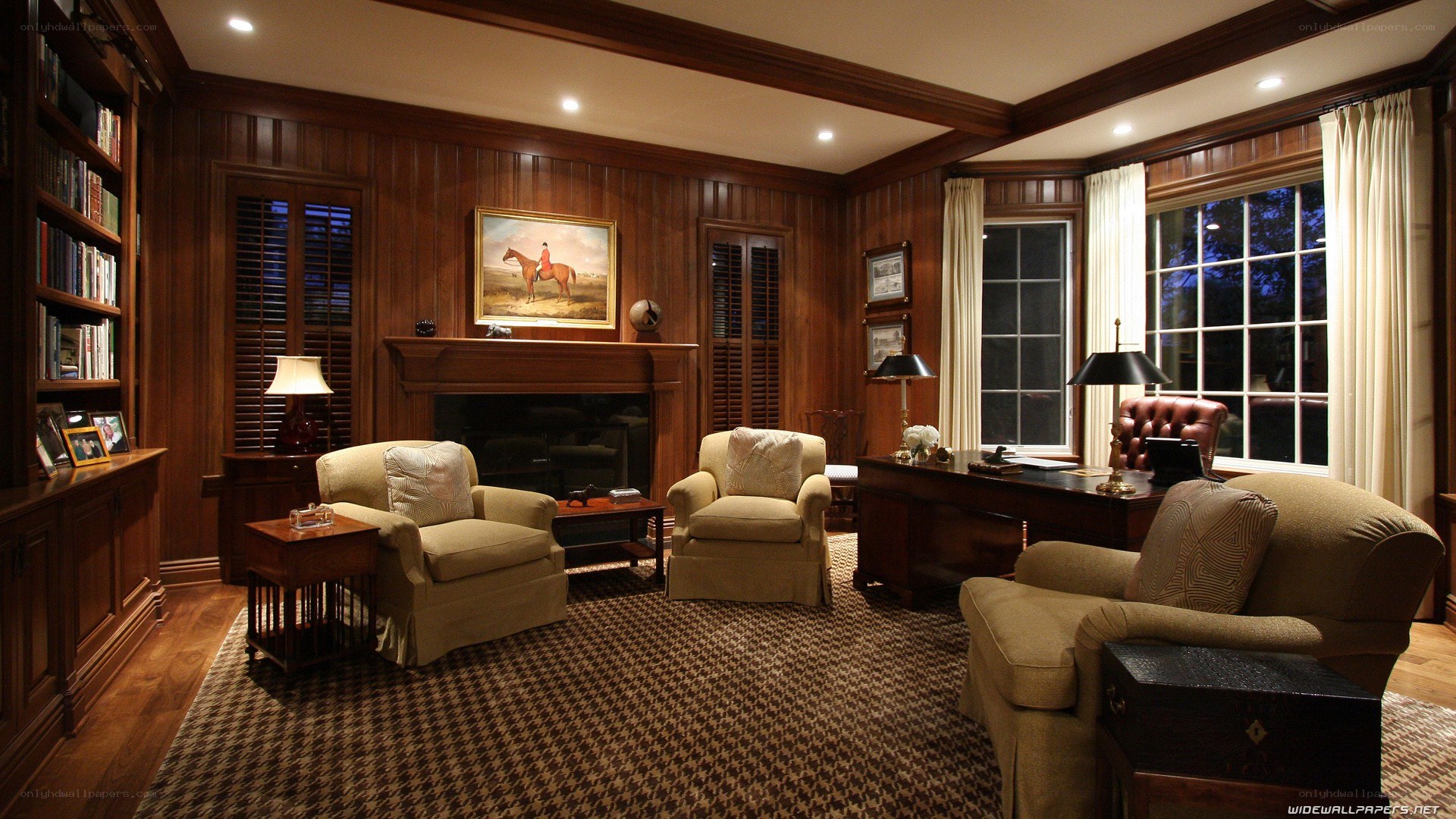 wood-paneled study room