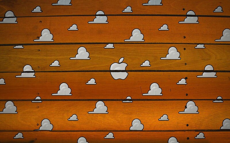 wood pattern with clouds and apple logo