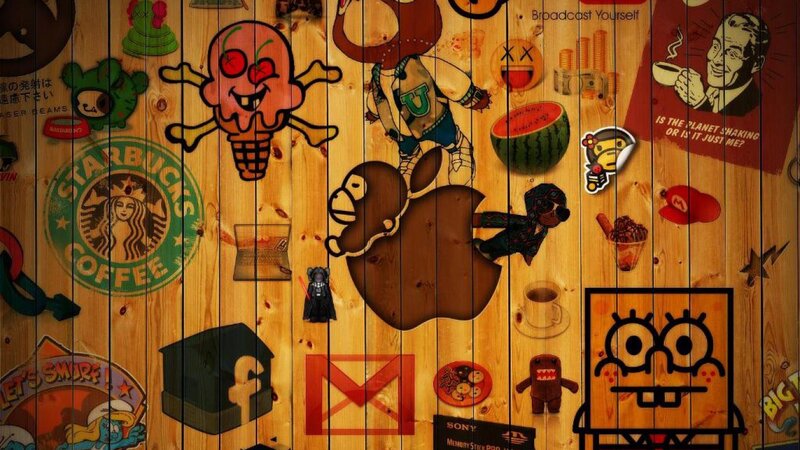 wood wall with pop culture stickers