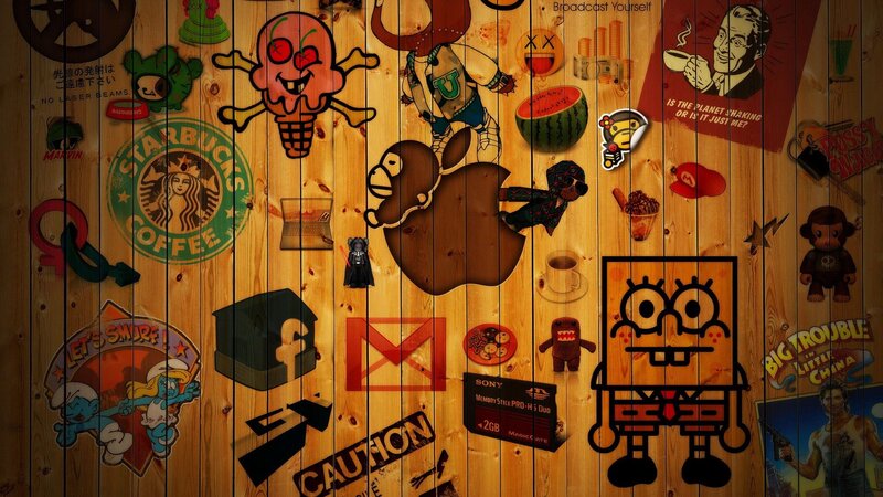 wood wall with pop culture stickers