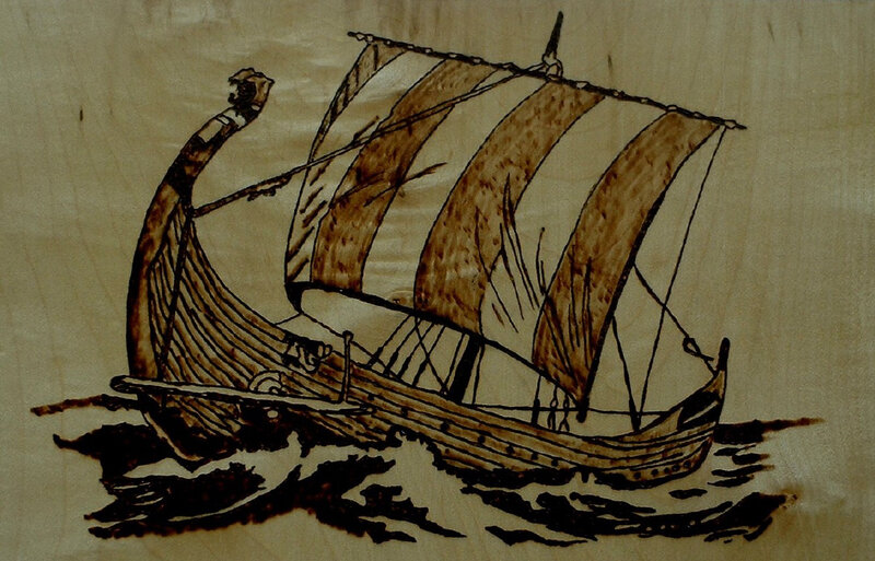 woodburned viking ship