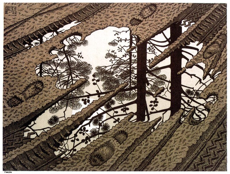 Woodcut forest scene