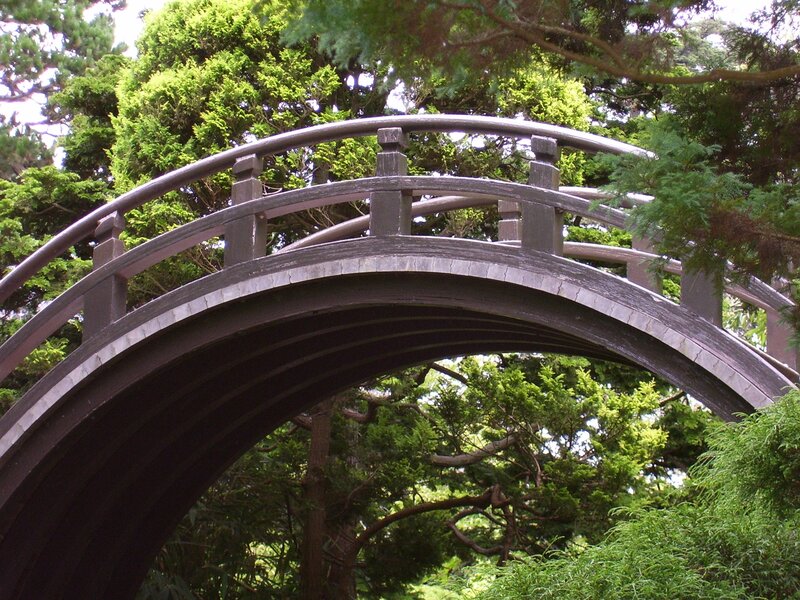 wooden arched bridge in garden