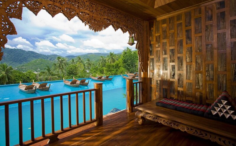Wooden Balcony with Pool View — Blue