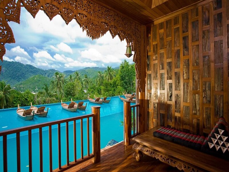 Wooden Balcony with Pool View