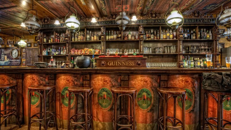 Wooden Bar Interior — Brown, Warm, Photograph, Bar Stools, Shelves, Bottles