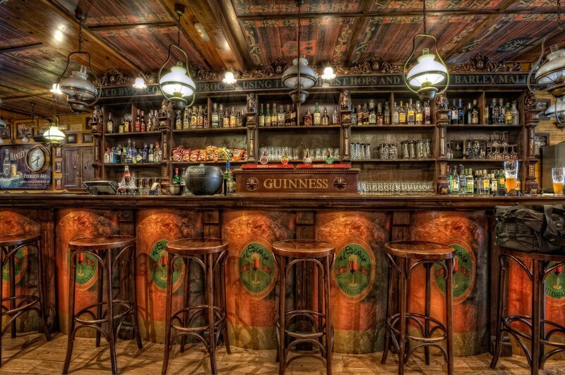 Wooden Bar Interior — Brown, Warm, Photograph, Bar Stools, Shelves