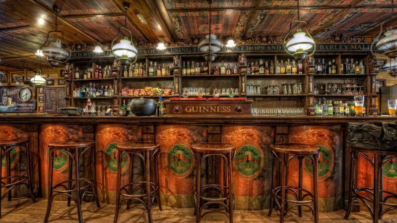 Wooden Bar Interior — Brown, Warm, Photograph, Bar Stools
