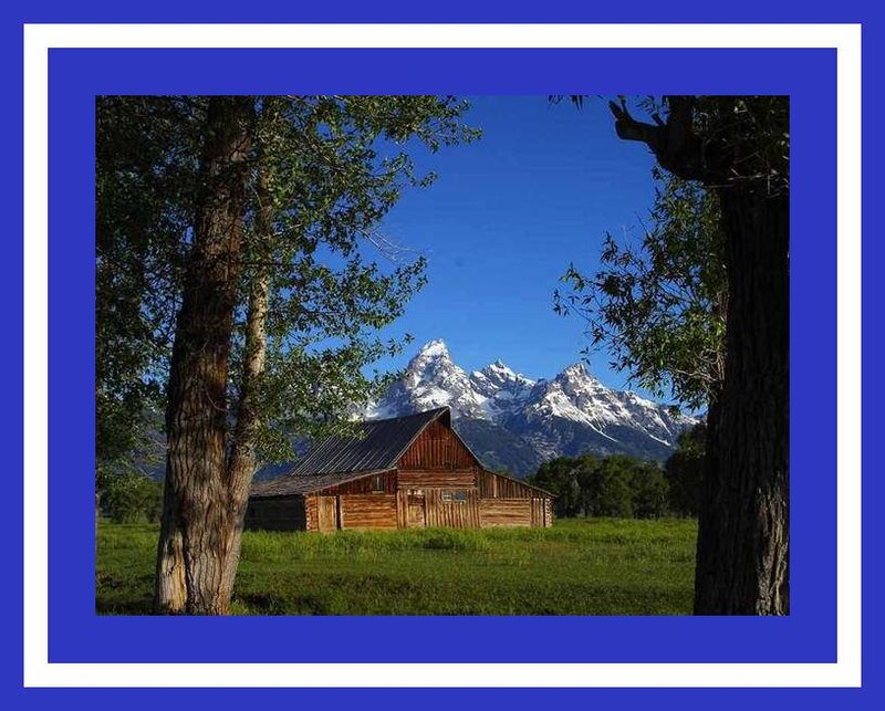 Wooden Barn in Field — Blue, Serene, Afternoon, Photograph, Trees