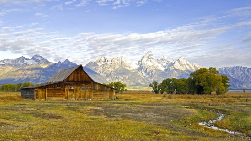 Wooden Barn in Field — Blue, Serene, Autumn, Photograph, Mountains