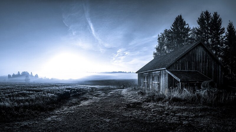 Wooden Barn in Field — Blue, Serene, Morning, Photograph