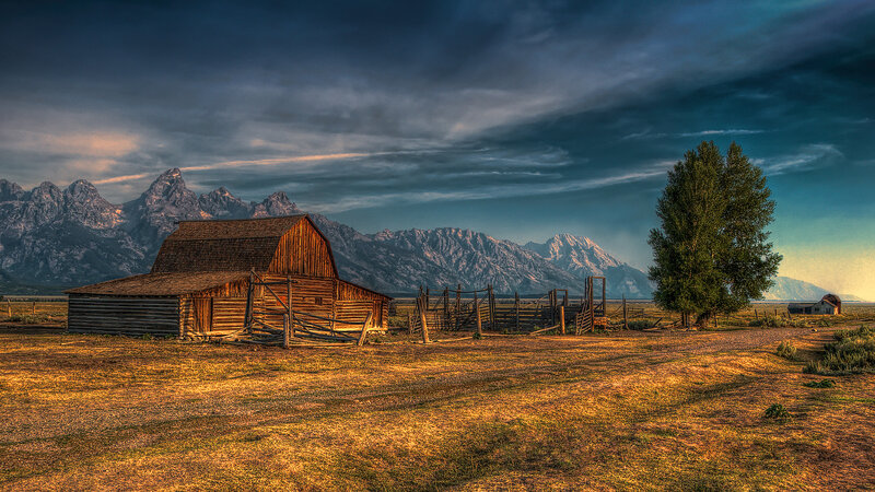 Wooden Barn in Field — Brown, Dramatic, Sunset