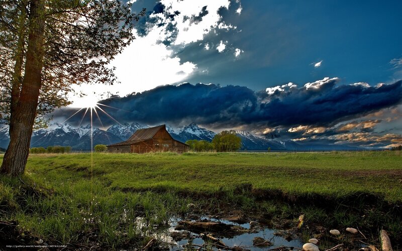 Wooden Barn in Field — Green, Dramatic, Sunrise, Photograph, Mountains, Clouds