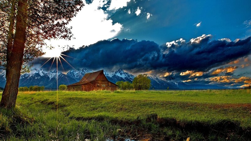 Wooden Barn in Field — Green, Dramatic, Sunrise, Photograph, Mountains, Tree