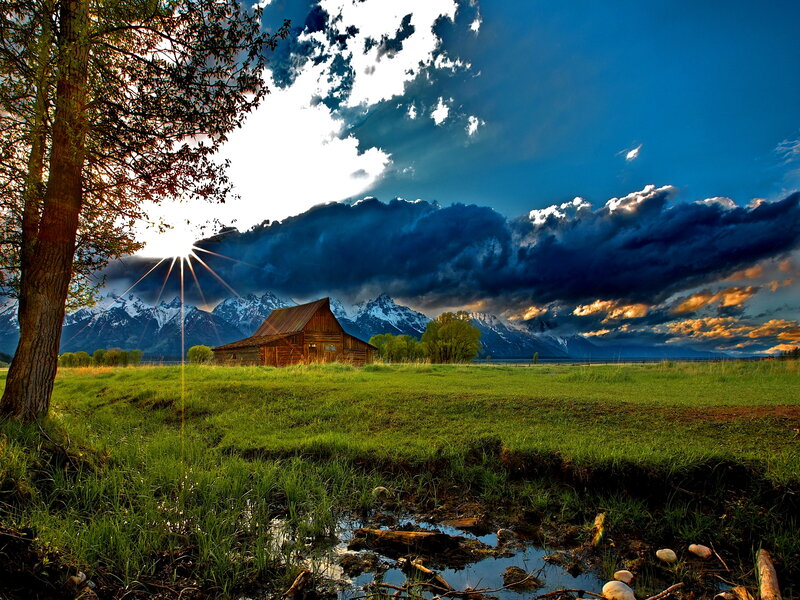 Wooden Barn in Field — Green, Dramatic, Sunrise