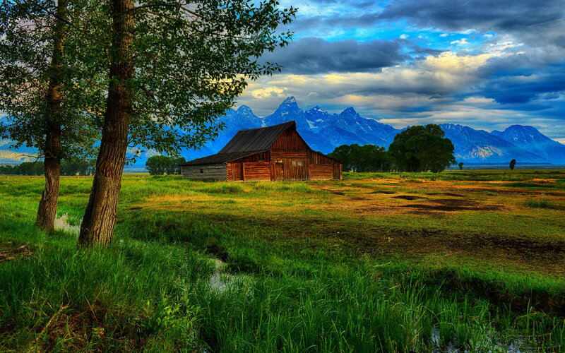Wooden Barn in Field — Green, Dramatic, Sunset, Photograph
