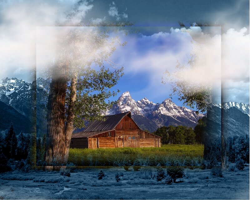 Wooden Barn in Mountains — Blue, Serene, Afternoon, Photograph
