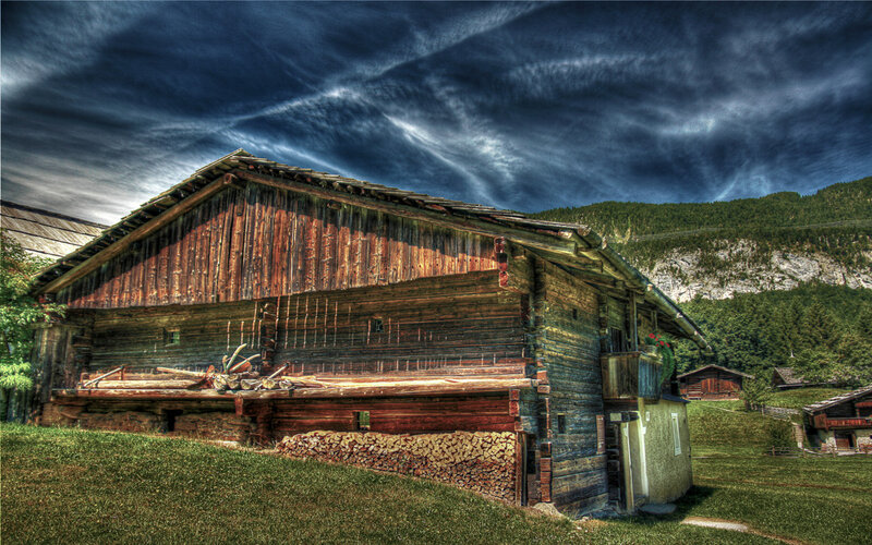 Wooden Barn in Mountains — Blue
