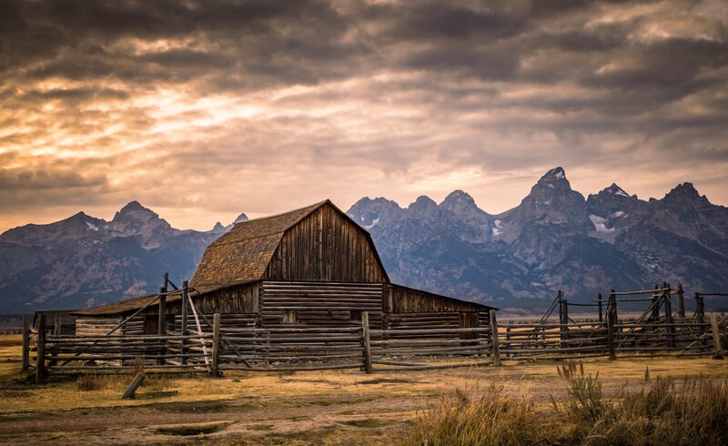 Wooden Barn in Mountains — Brown, Dramatic, Sunset