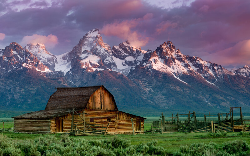 Wooden Barn in Mountains — Green, Dramatic, Sunset, Photograph, Sky