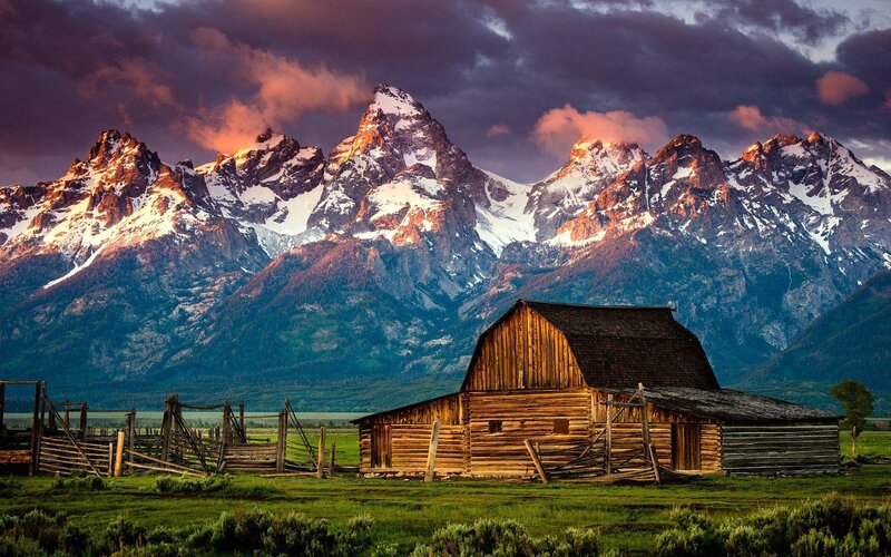 Wooden Barn in Mountains — Green, Dramatic, Sunset