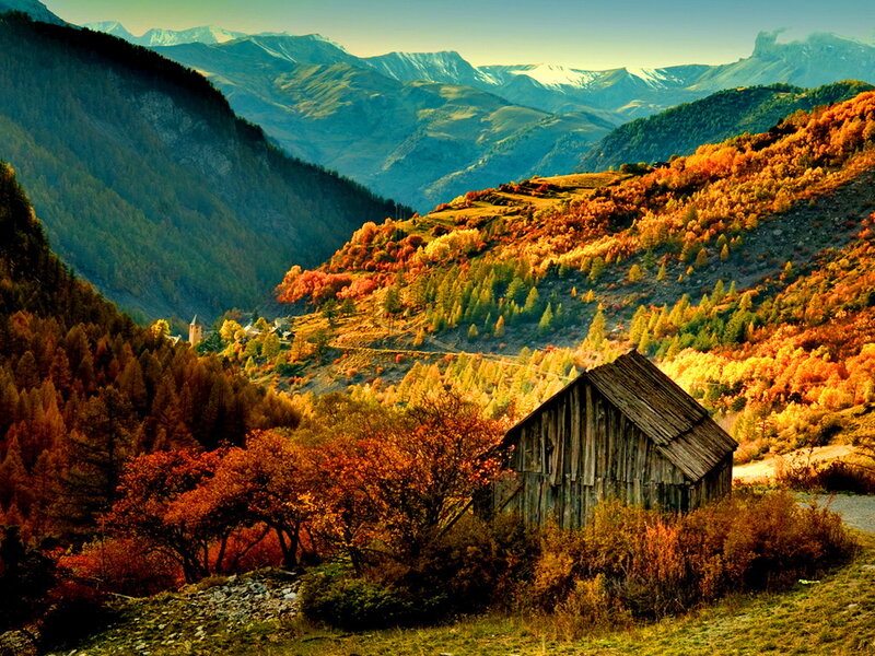 Wooden Barn in Mountains — Orange